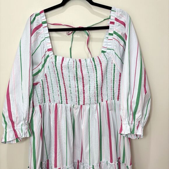 Crown & Ivy Striped Tiered Midi Dress 2X White Pink Smocked Cottage Peasant - Picture 4 of 11